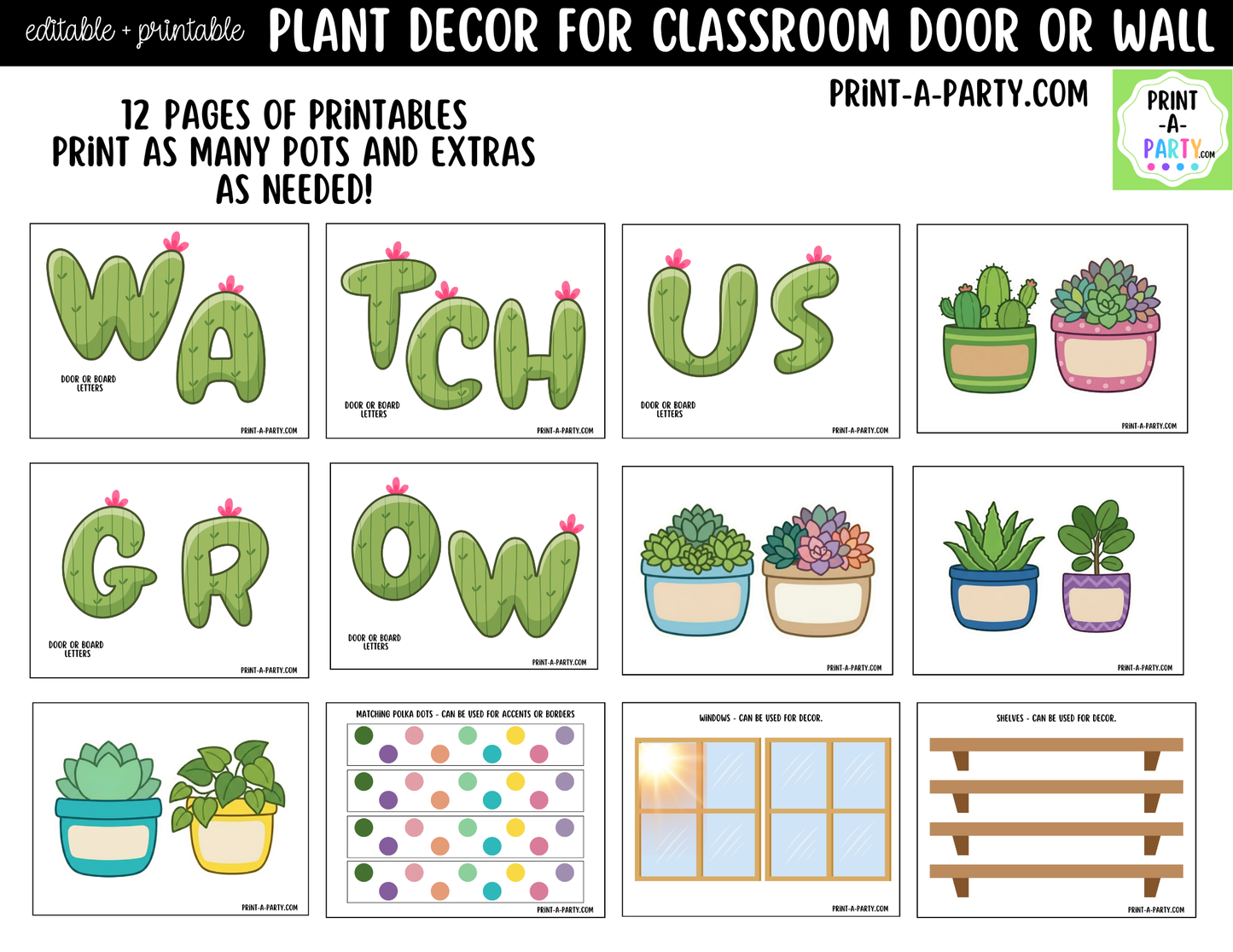 Plant-themed Printable Classroom Decor Kit for Doors, Boards, Hallways - Watch Us Grow