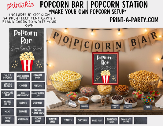 Popcorn Bar Sign & Topping Tent Cards - Printable Food Station for Movie Night, Sleepover, Shower, Circus Party Decor and more!
