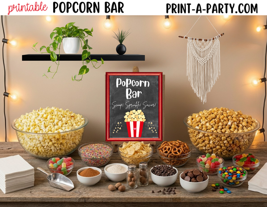 Popcorn Bar Sign & Topping Tent Cards - Printable Food Station for Movie Night, Sleepover, Shower, Circus Party Decor and more!