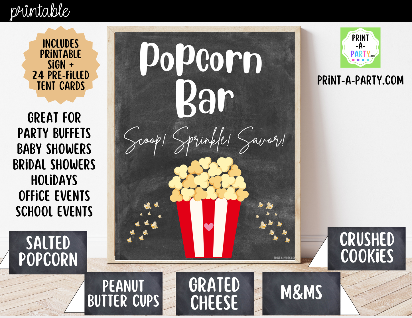 Popcorn Bar Sign (8x10) & Topping Tent Cards - Printable Food Station Decor for Parties, Showers, Events