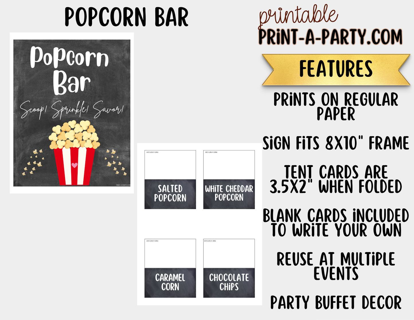 Popcorn Bar Sign (8x10) & Topping Tent Cards - Printable Food Station Decor for Parties, Showers, Events