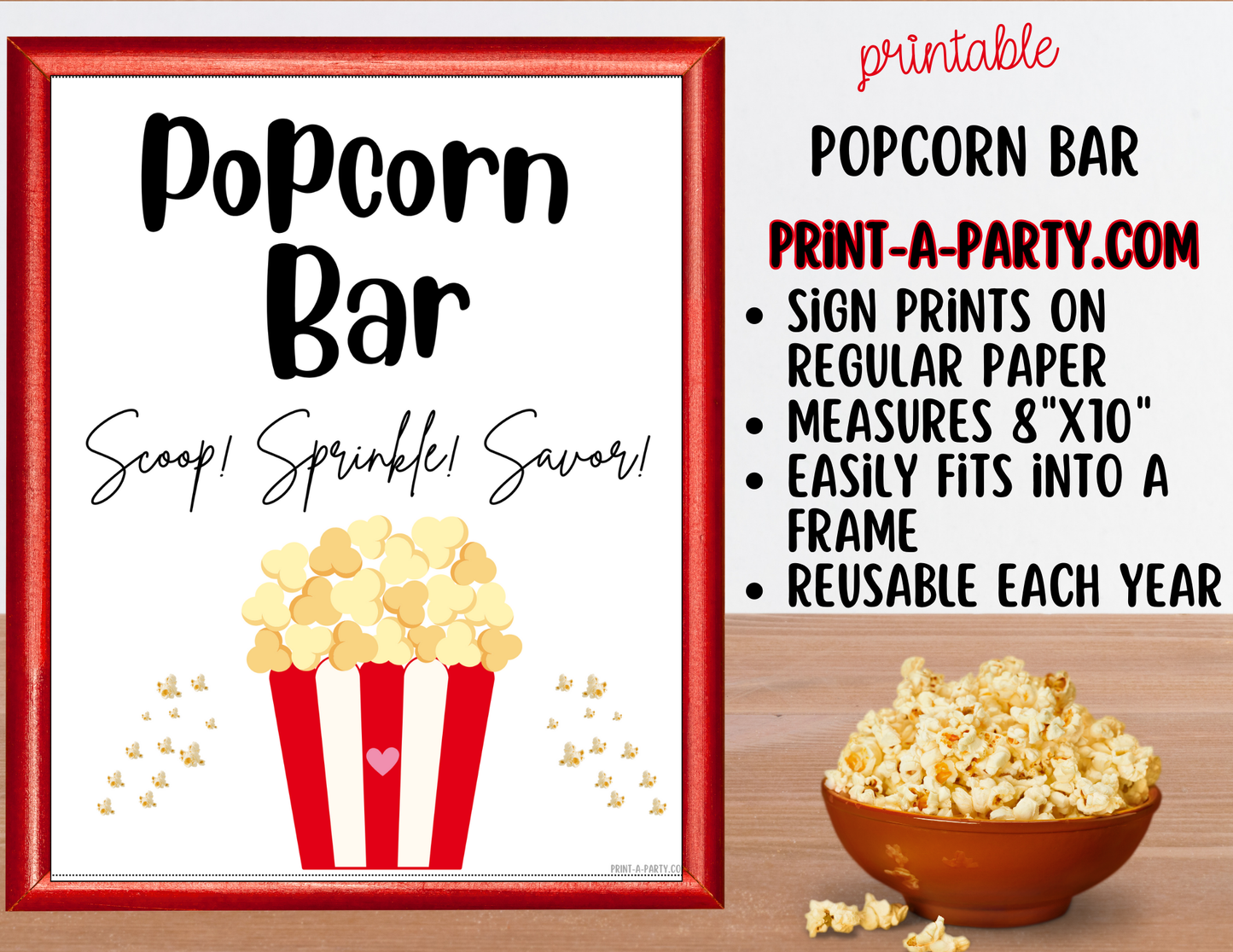 Popcorn Bar Sign & Topping Tent Cards - Printable Food Station for Movie Night, Sleepover, Shower, Circus Party Decor and more!