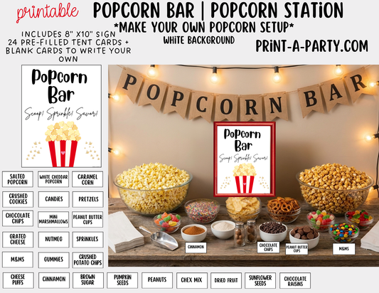 Popcorn Bar Sign & Topping Tent Cards - Printable Food Station for Movie Night, Sleepover, Shower, Circus Party Decor and more!