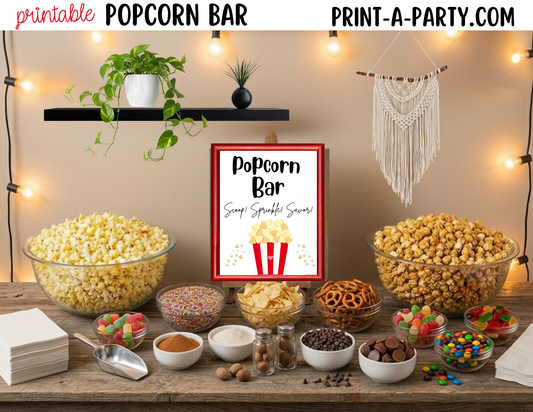 Popcorn Bar Sign & Topping Tent Cards - Printable Food Station for Movie Night, Sleepover, Shower, Circus Party Decor and more!