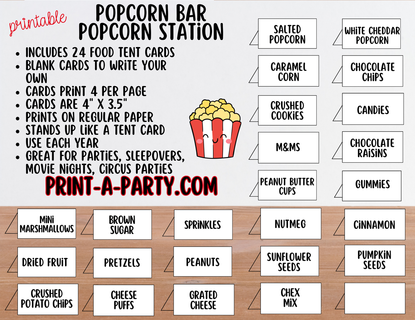 Popcorn Bar Sign & Topping Tent Cards - Printable Food Station for Movie Night, Sleepover, Shower, Circus Party Decor and more!