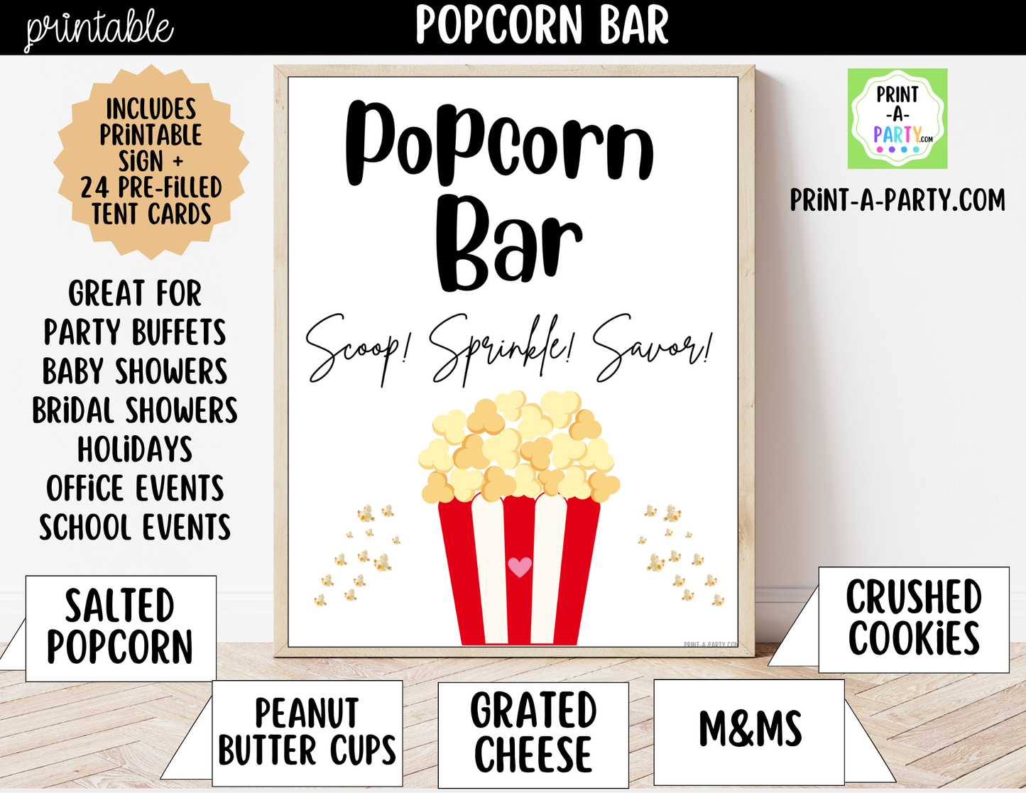 Popcorn Bar Sign (8x10) & Topping Tent Cards - Printable Food Station Decor for Parties, Showers, Events