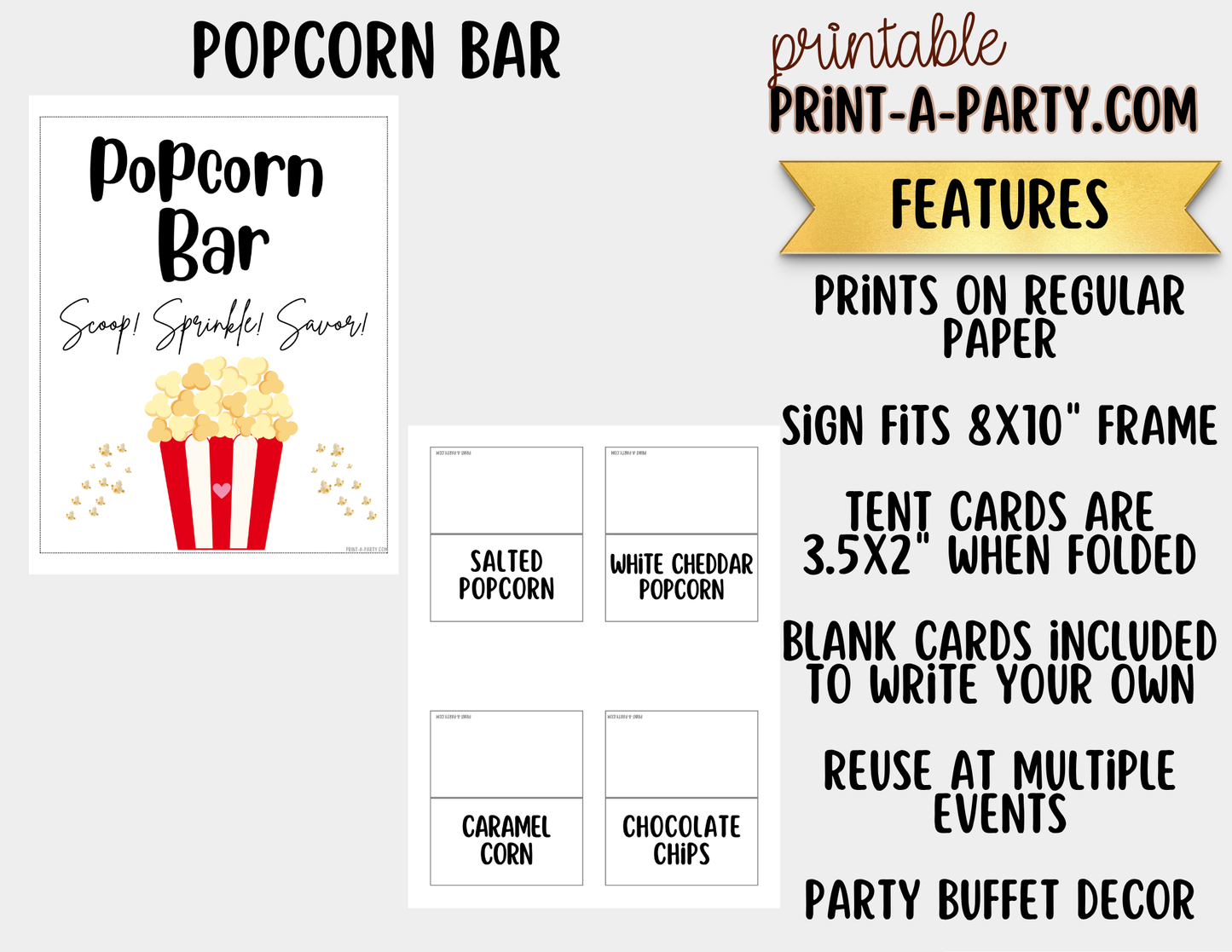 Popcorn Bar Sign (8x10) & Topping Tent Cards - Printable Food Station Decor for Parties, Showers, Events