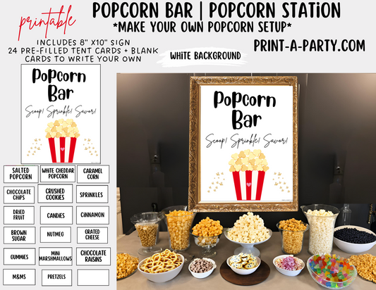 POPCORN BAR | POPCORN STATION Setup - White | Popcorn Bar Sign | Food Station for Party | Food Bar for Party | Movie Party | Circus Party | Wedding Shower | Baby Shower | Sleepover | DIY Popcorn Bar