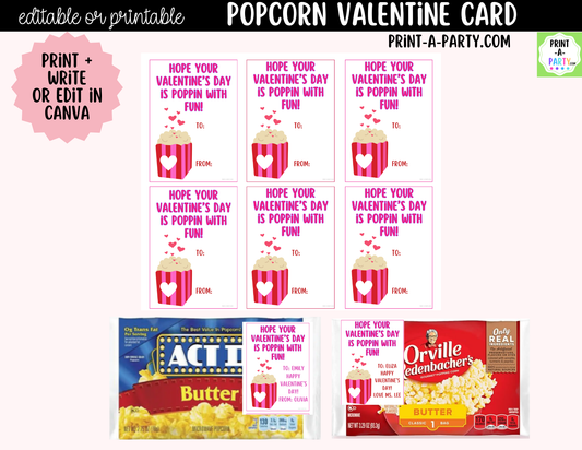 Popcorn Valentine Card Printable – Editable Canva Option