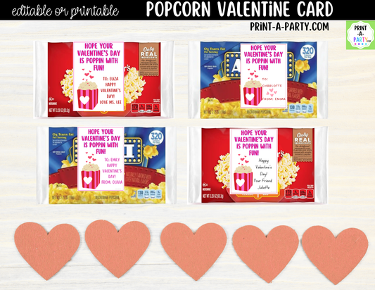 Popcorn Valentine Card Printable – Editable Canva Option