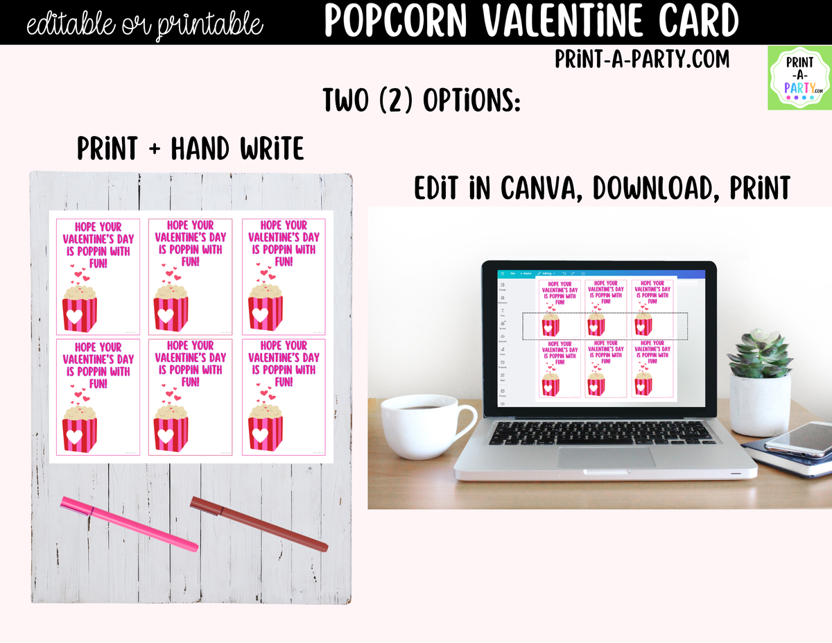 Popcorn Valentine Card Printable – Editable Canva Option