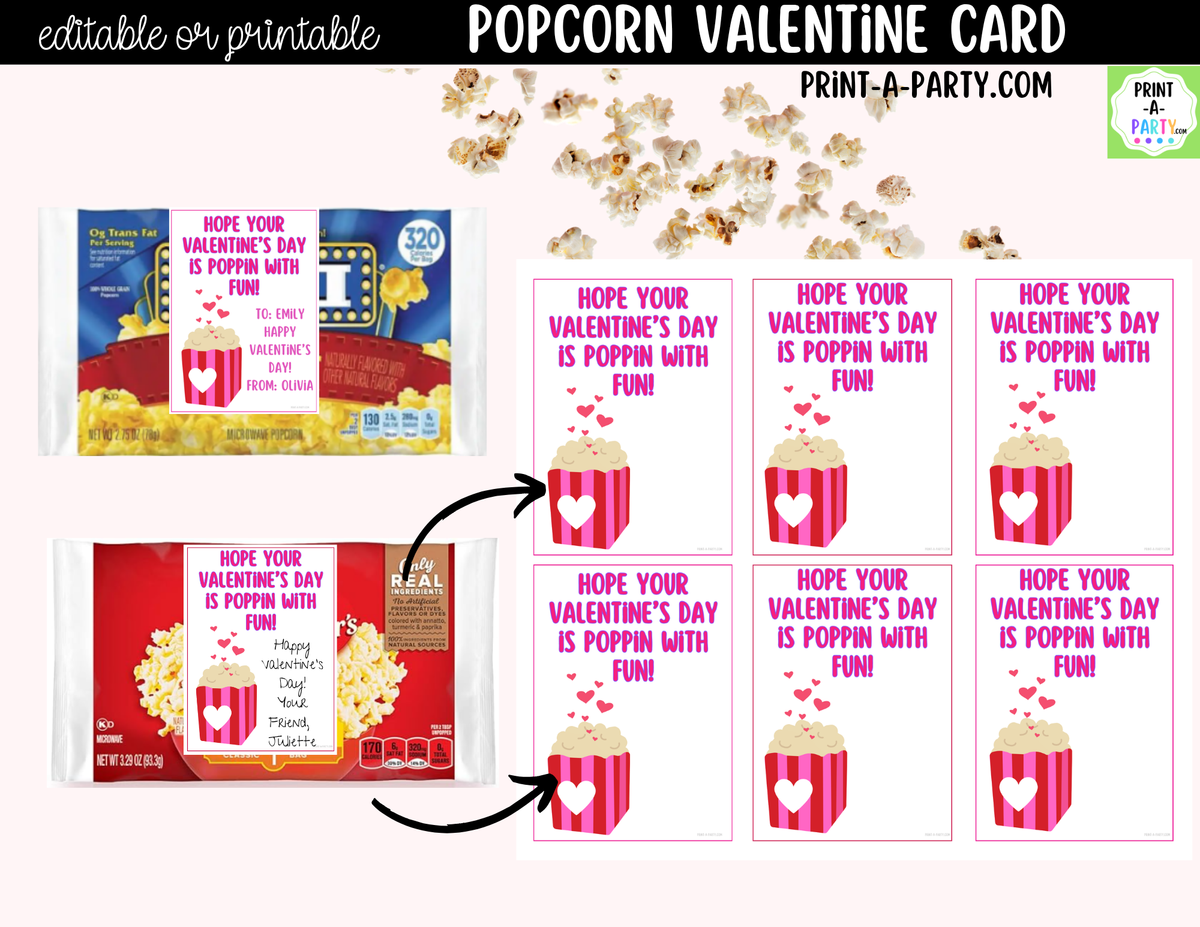 Popcorn Valentine Card Printable – Editable Canva Option