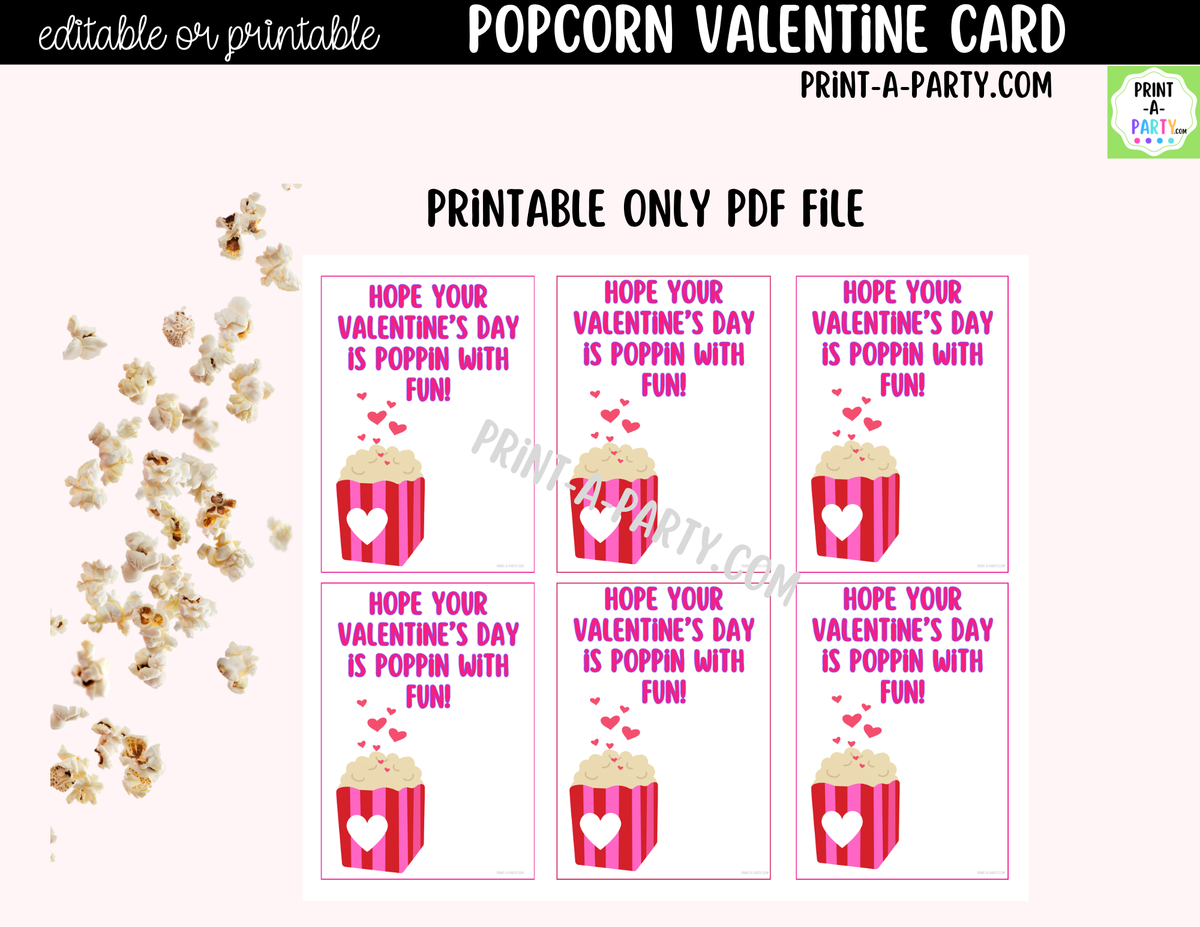 Popcorn Valentine Card Printable – Editable Canva Option