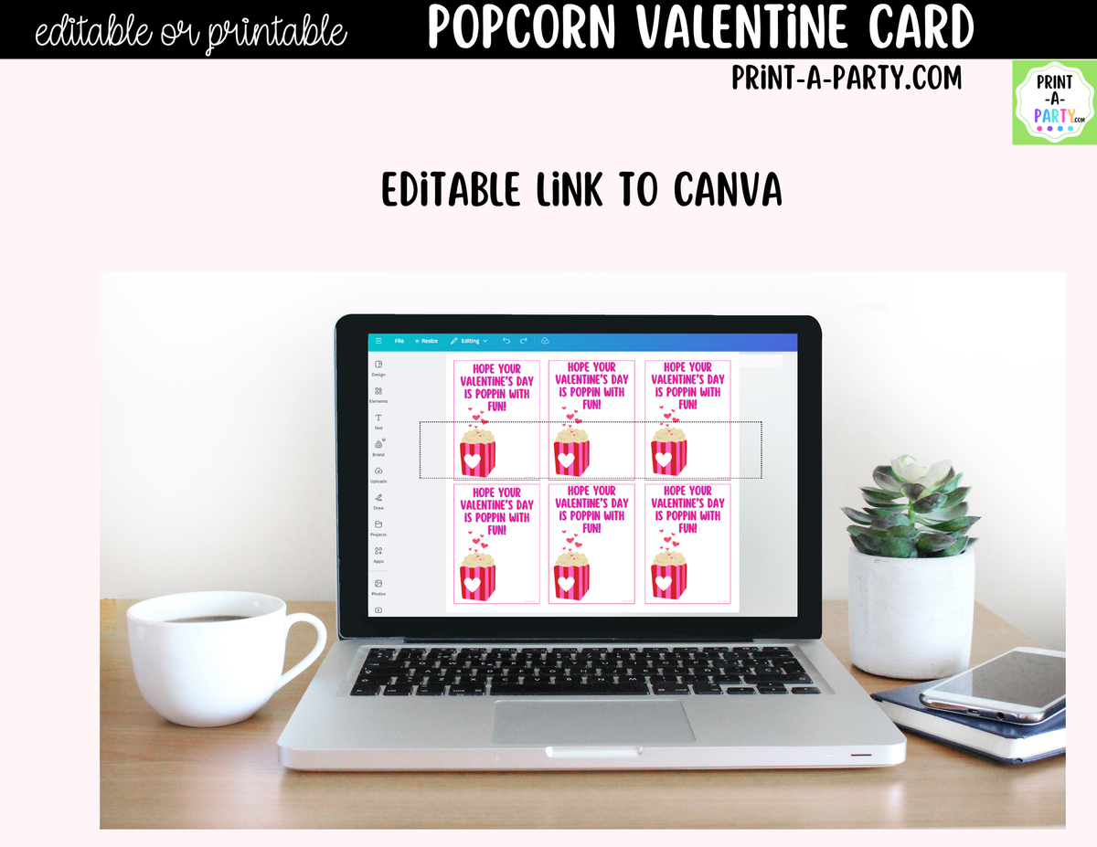 Popcorn Valentine Card Printable – Editable Canva Option
