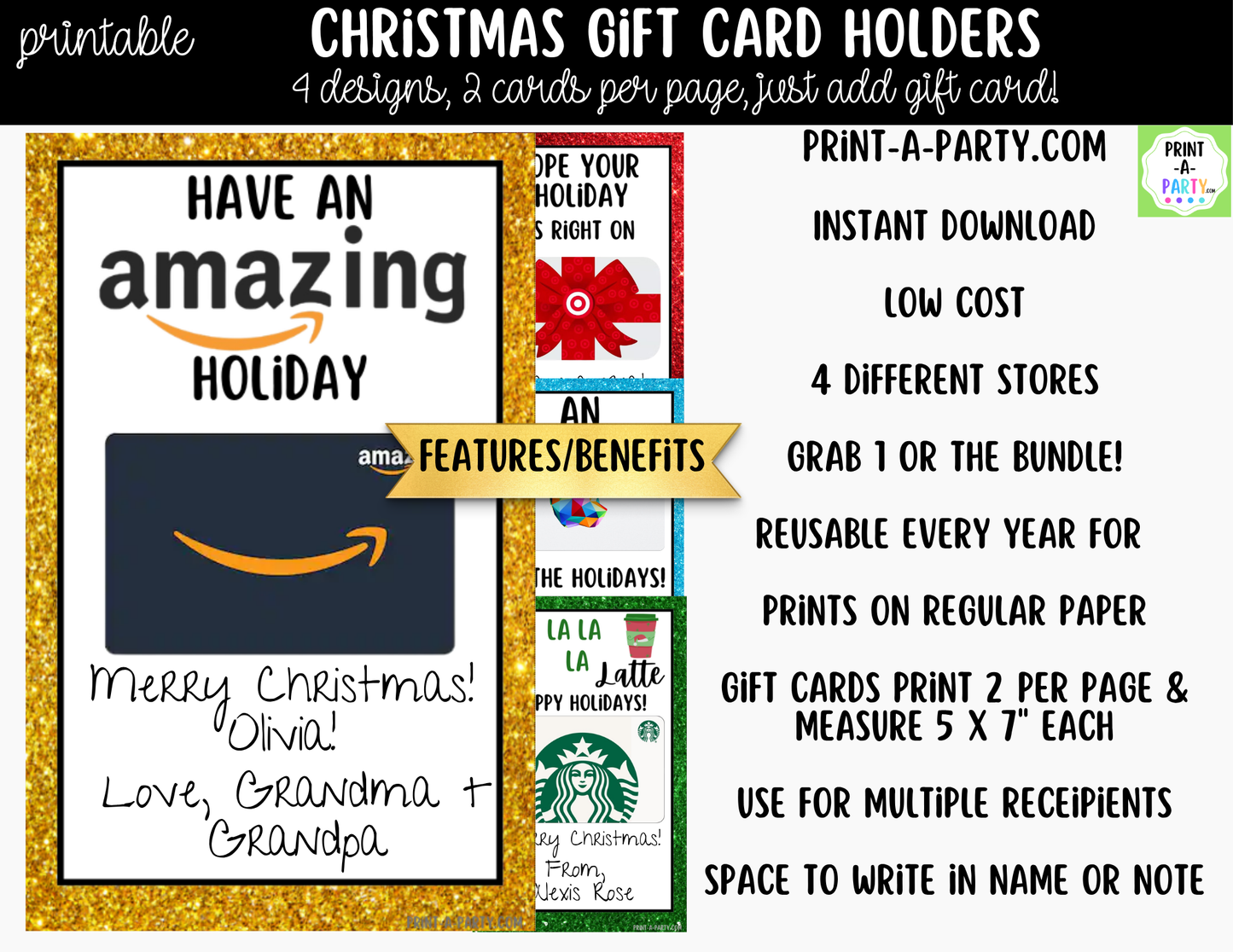 Printable Christmas Gift Card Holders - Holiday Gift Card Sleeve Templates for Teachers and Friends