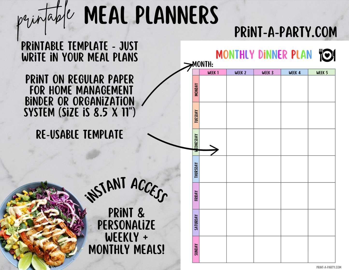 MEAL PLANNING: Printable Meal Planning Calendars - Weekly and Monthly | Home Management Binder | Home Organization