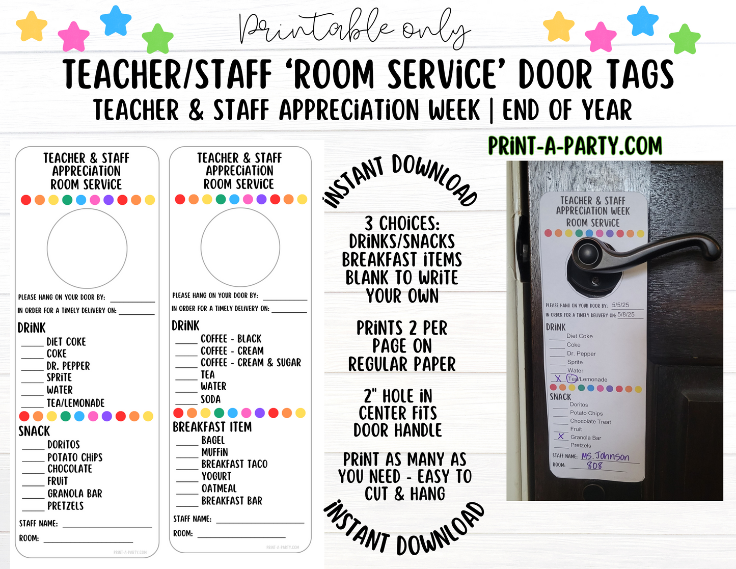 Appreciation Tag: Room Service Door Tags - Printable | Teacher Appreciation Week | Staff Appreciation | PTO | PTA | Teacher Appreciation Ideas