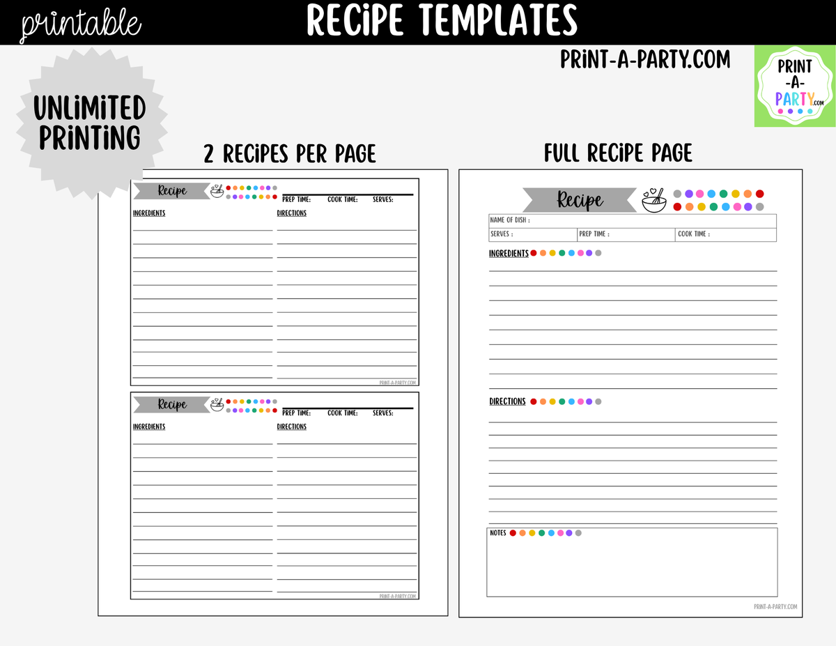 Printable Recipe Template Set | Recipe Cards & Binder Pages
