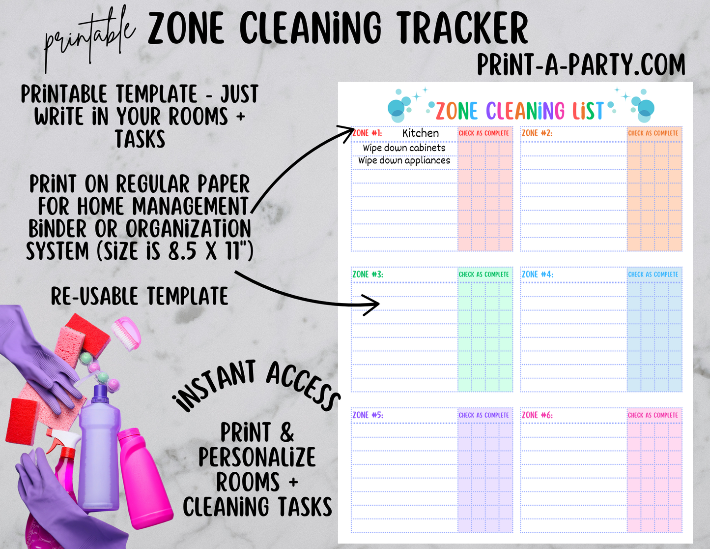 CLEANING: Printable Zone Cleaning Checklist Template | Home Management Binder | Home Organization