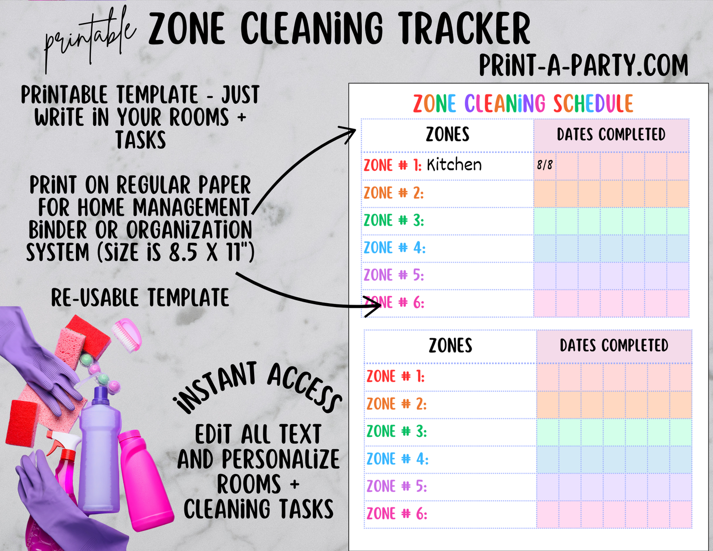 CLEANING: Printable Zone Cleaning Checklist Template | Home Management Binder | Home Organization