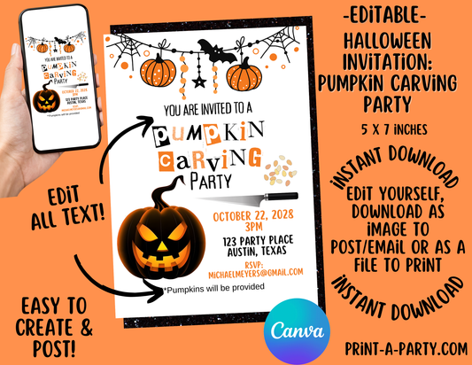 HALLOWEEN EDITABLE INVITATION: PUMPKIN CARVING PARTY INVITATION - EDITABLE PRINTABLE | Halloween Party Invite | Pumpkin Carving Invite | Pumpkin Invite | Halloween Party Customization