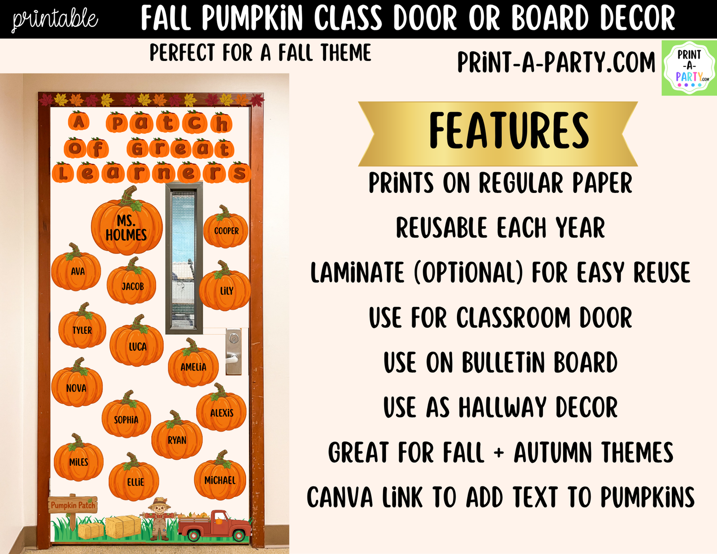 Fall Pumpkin-themed Printable Classroom Decor Kit for Doors, Boards, Hallways - A Patch of Great Learners