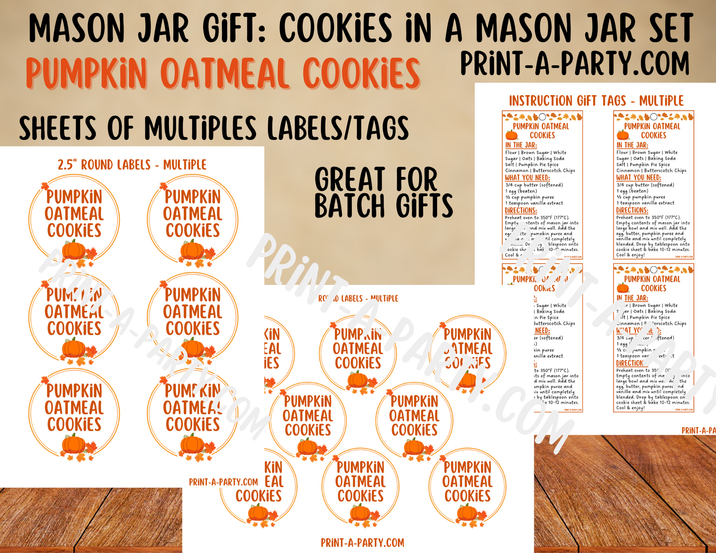MASON JAR GIFT: Printable Pumpkin Oatmeal Mason Jar Cookie Kit DIY Autumn Baking Gift with Recipe & Labels for Teachers, Neighbors & Friends