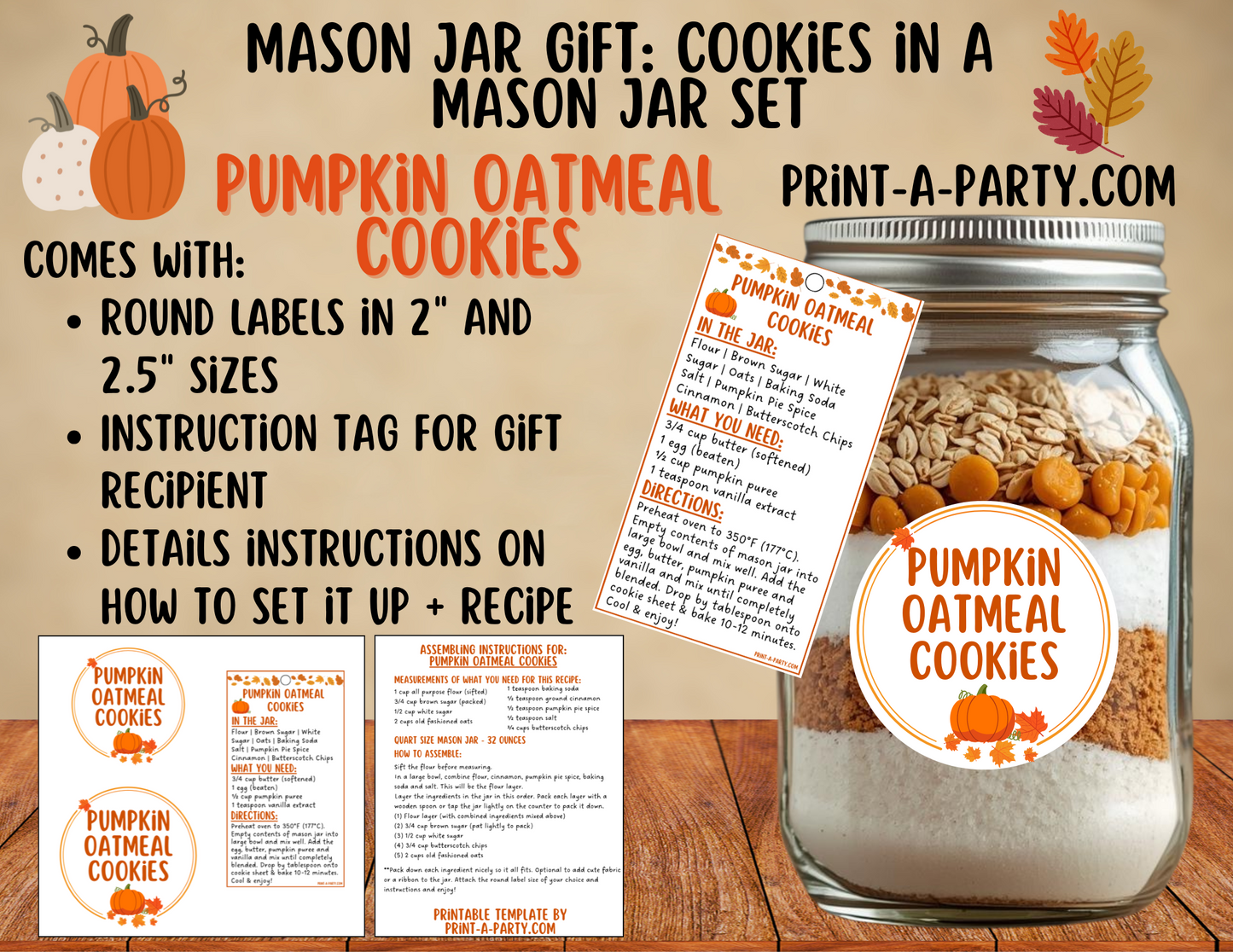 MASON JAR GIFT: Printable Pumpkin Oatmeal Mason Jar Cookie Kit DIY Autumn Baking Gift with Recipe & Labels for Teachers, Neighbors & Friends