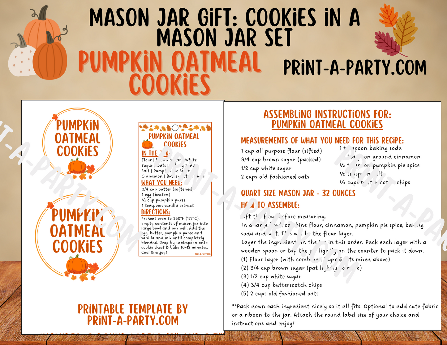 MASON JAR GIFT: Printable Pumpkin Oatmeal Mason Jar Cookie Kit DIY Autumn Baking Gift with Recipe & Labels for Teachers, Neighbors & Friends
