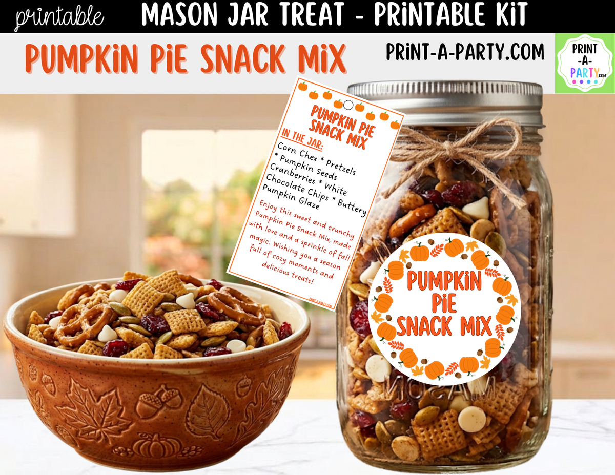 Pumpkin Pie Snack Mix Mason Jar Gift Kit | Labels, Tag, Recipe & Instructions