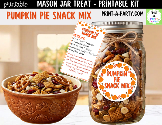 Pumpkin Pie Snack Mix Mason Jar Gift Kit | Labels, Tag, Recipe & Instructions