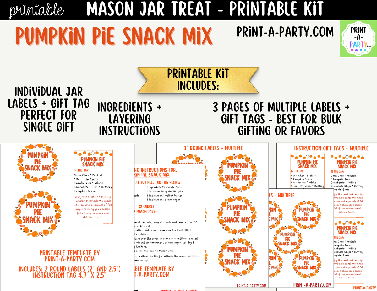 Pumpkin Pie Snack Mix Mason Jar Gift Kit | Labels, Tag, Recipe & Instructions