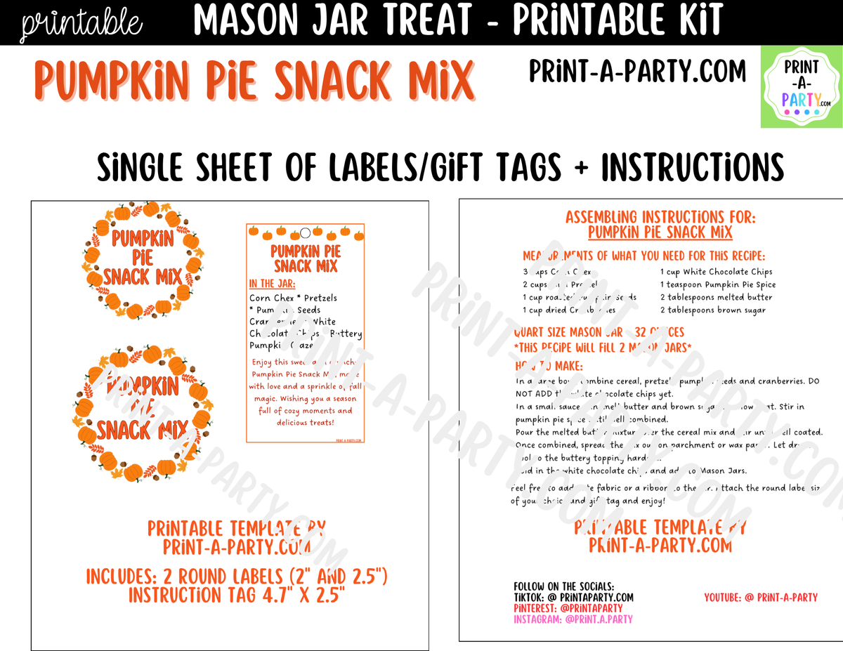 Pumpkin Pie Snack Mix Mason Jar Gift Kit | Labels, Tag, Recipe & Instructions