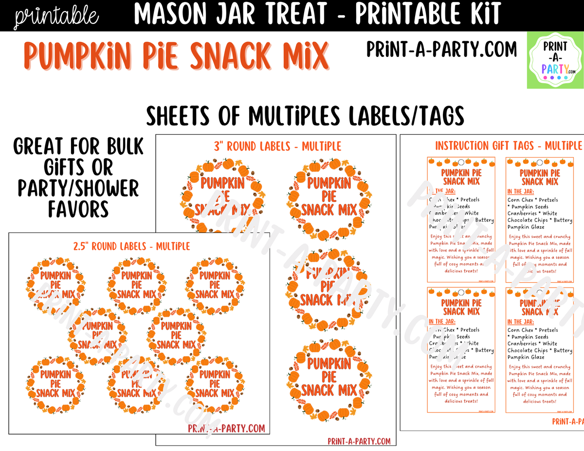 Pumpkin Pie Snack Mix Mason Jar Gift Kit | Labels, Tag, Recipe & Instructions