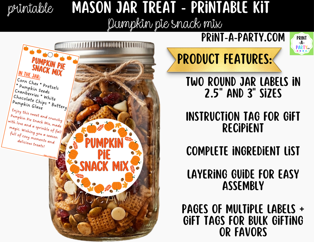 Pumpkin Pie Snack Mix Mason Jar Gift Kit | Labels, Tag, Recipe & Instructions