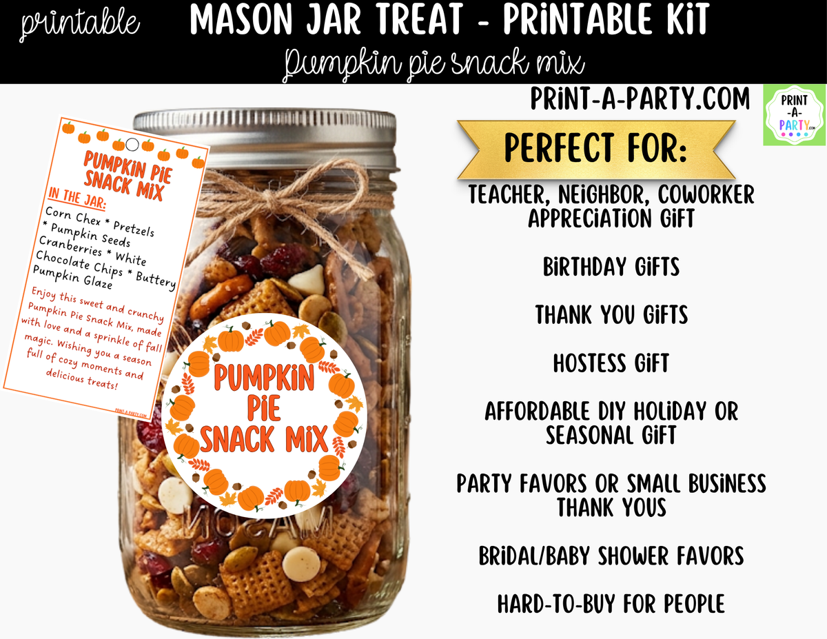 Pumpkin Pie Snack Mix Mason Jar Gift Kit | Labels, Tag, Recipe & Instructions
