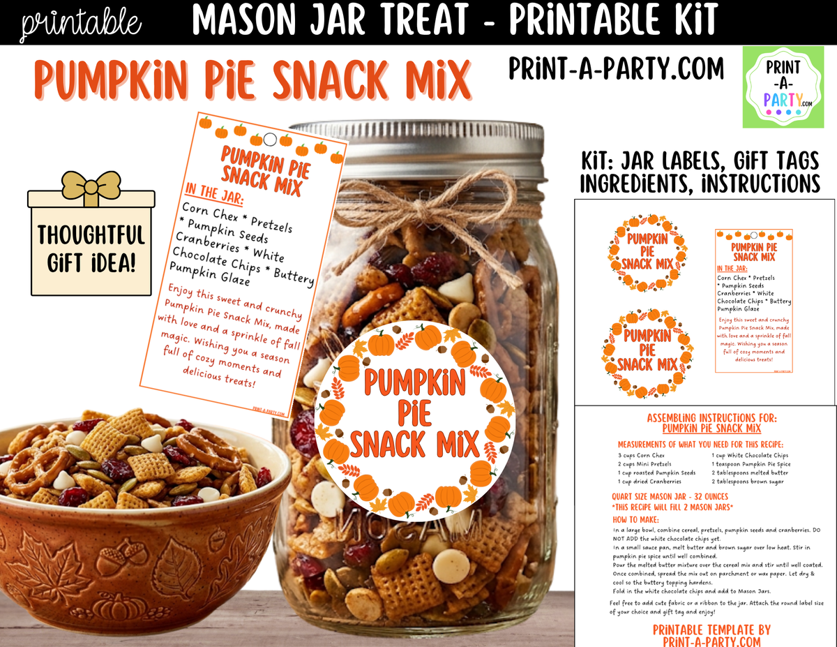 Pumpkin Pie Snack Mix Mason Jar Gift Kit | Labels, Tag, Recipe & Instructions