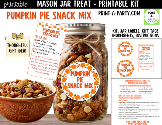 Pumpkin Pie Snack Mix Mason Jar Gift Kit | Labels, Tag, Recipe & Instructions