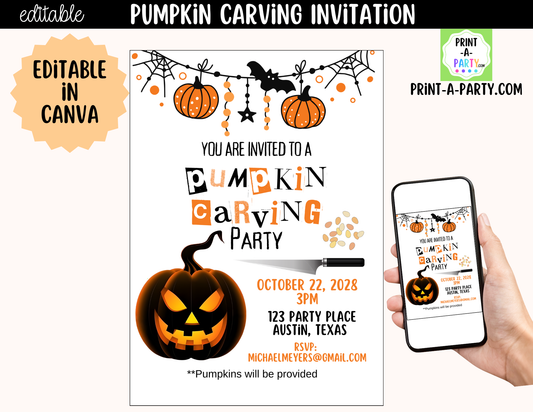 Editable Pumpkin Carving Party Invitation | Canva Template | Instant Download
