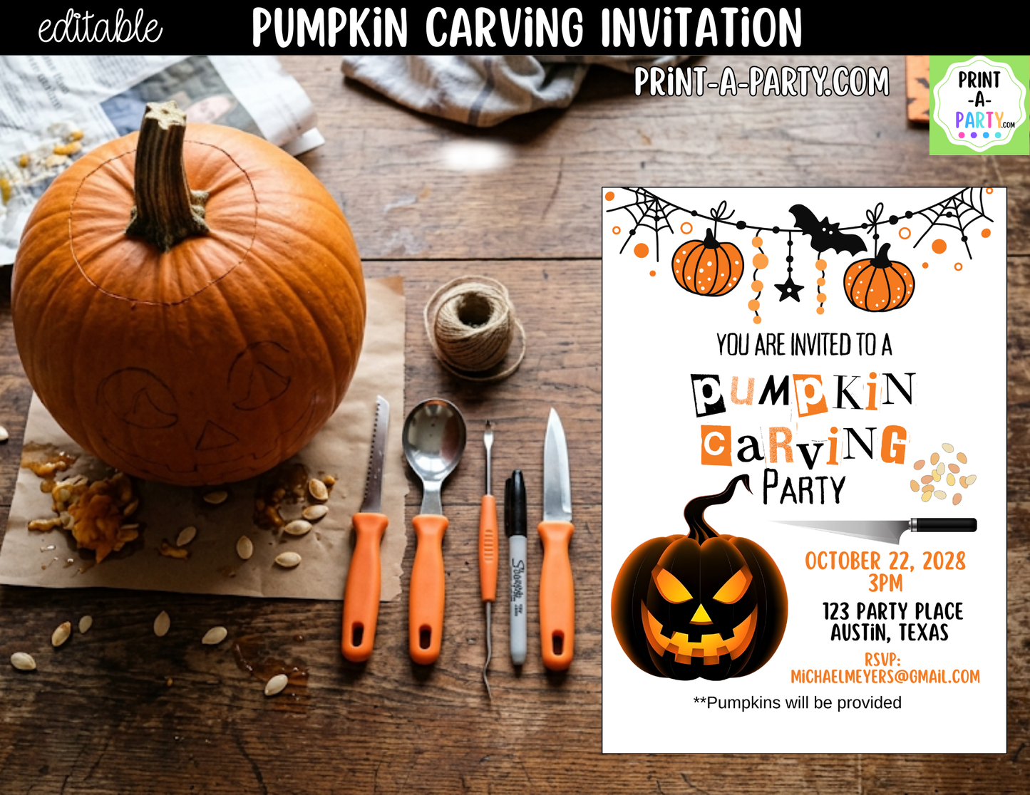 Editable Pumpkin Carving Party Invitation | Canva Template | Instant Download