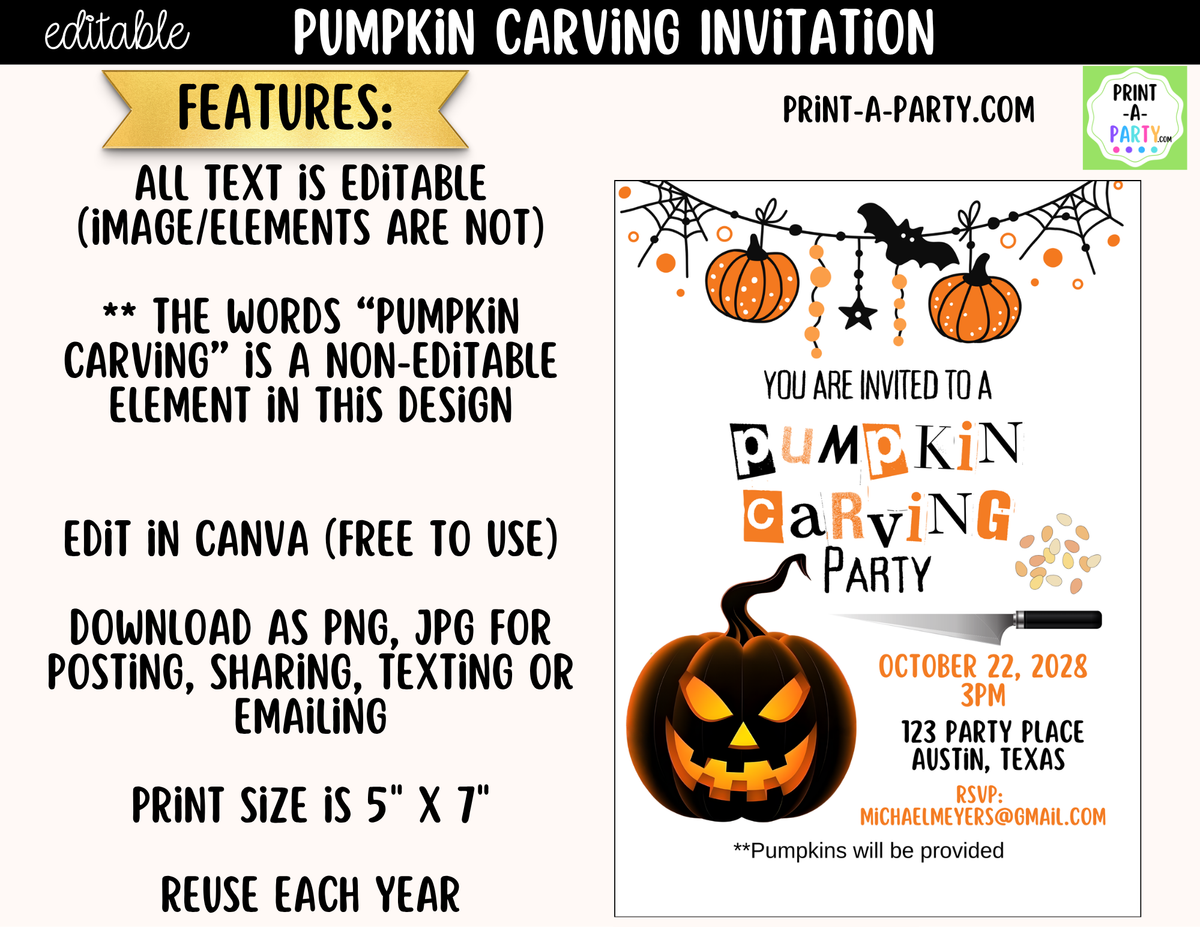 Editable Pumpkin Carving Party Invitation | Canva Template | Instant Download