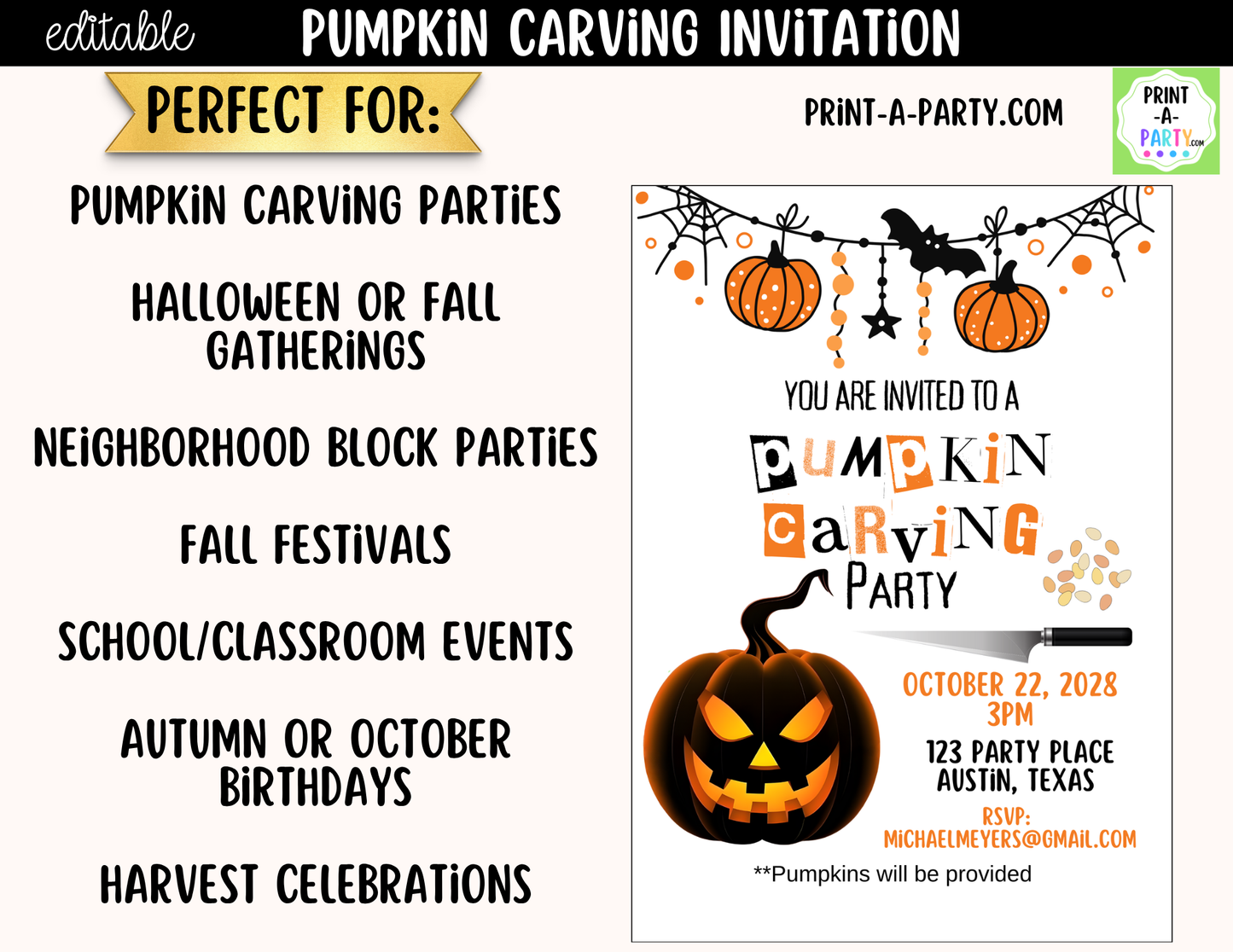 Editable Pumpkin Carving Party Invitation | Canva Template | Instant Download