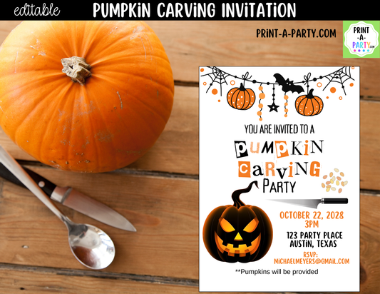 Editable Pumpkin Carving Party Invitation | Canva Template | Instant Download