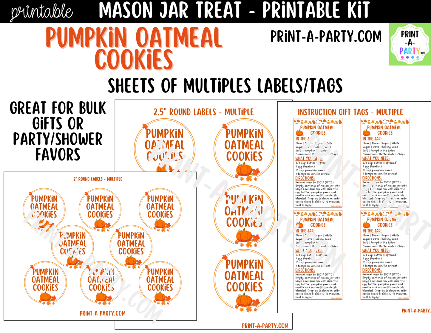 Pumpkin Oatmeal Cookies in a Mason Jar Gift Printable Kit - Labels, Tag, Recipe & Instructions
