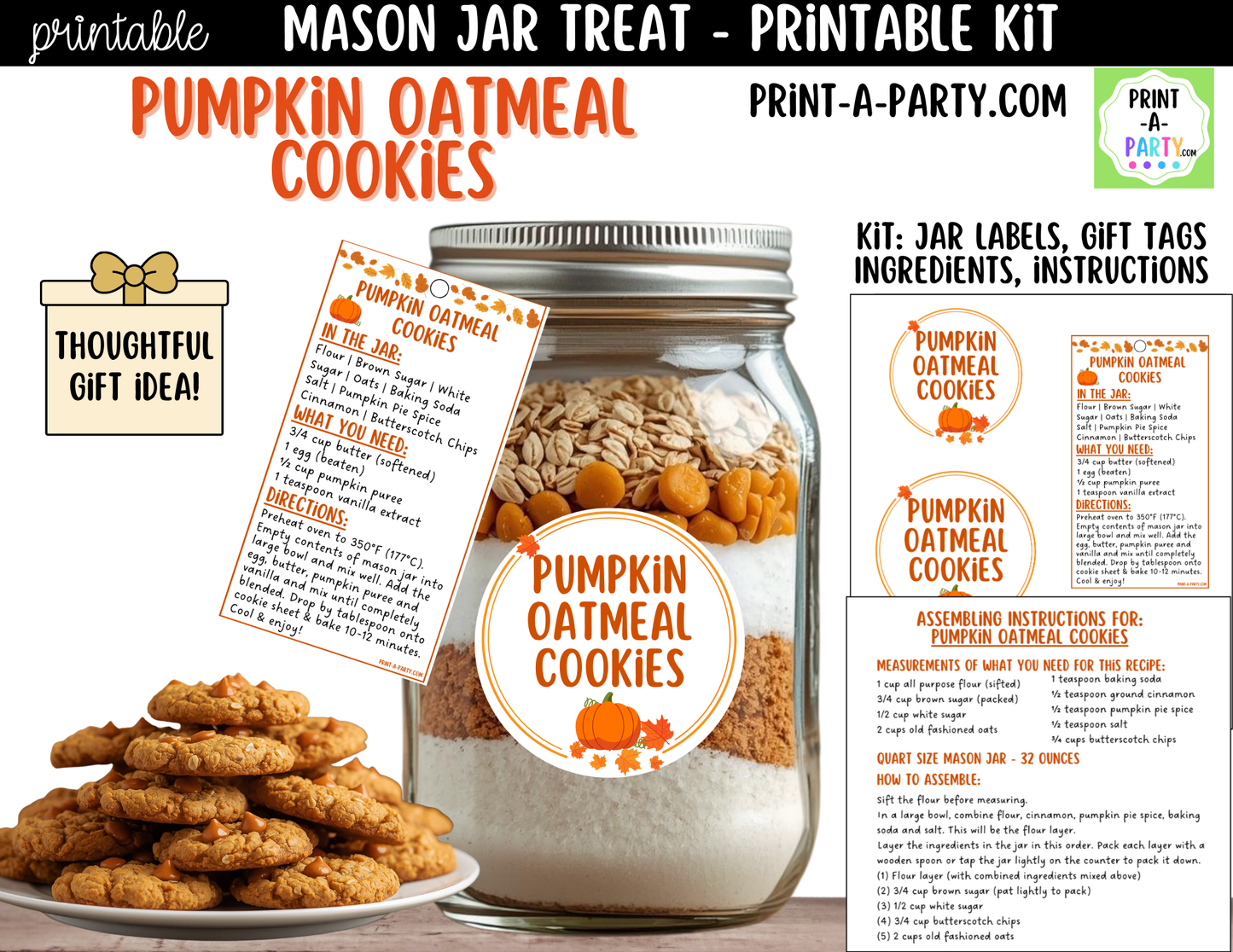 Pumpkin Oatmeal Cookies in a Mason Jar Gift Printable Kit - Labels, Tag, Recipe & Instructions