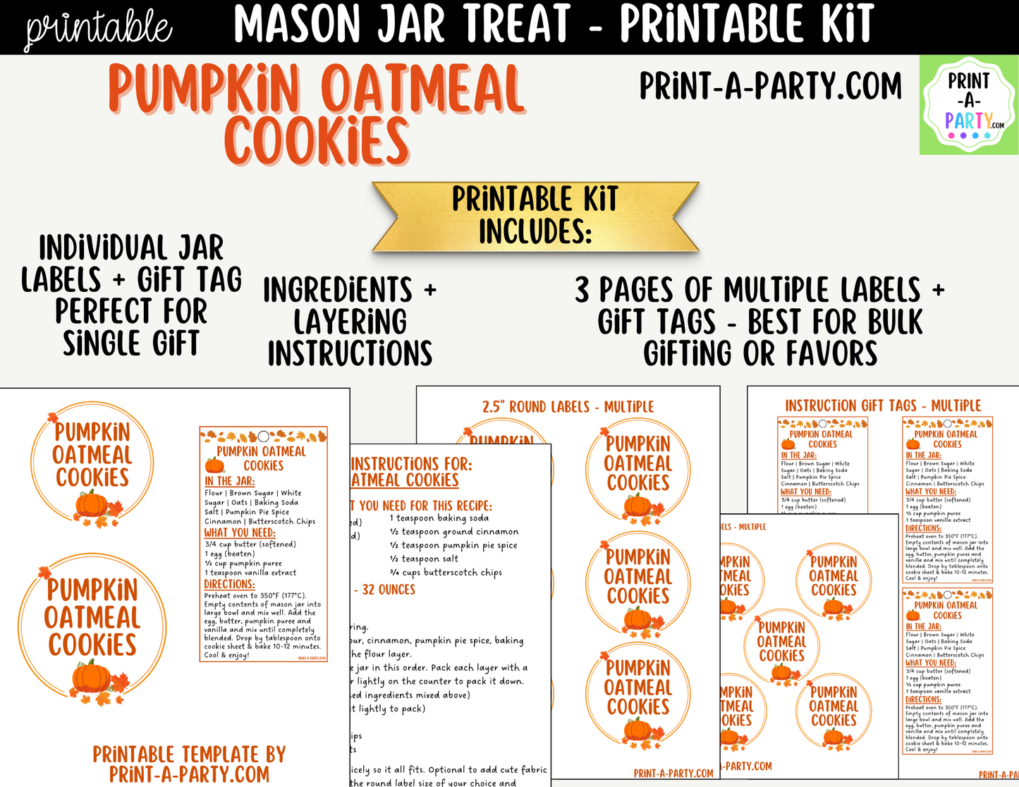 Pumpkin Oatmeal Cookies in a Mason Jar Gift Printable Kit - Labels, Tag, Recipe & Instructions