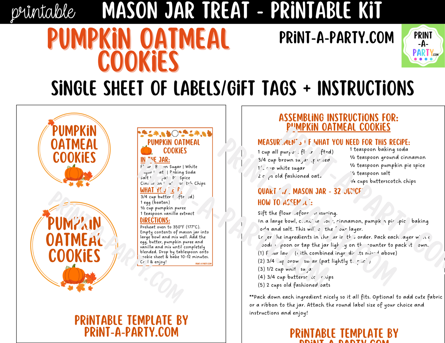 Pumpkin Oatmeal Cookies in a Mason Jar Gift Printable Kit - Labels, Tag, Recipe & Instructions