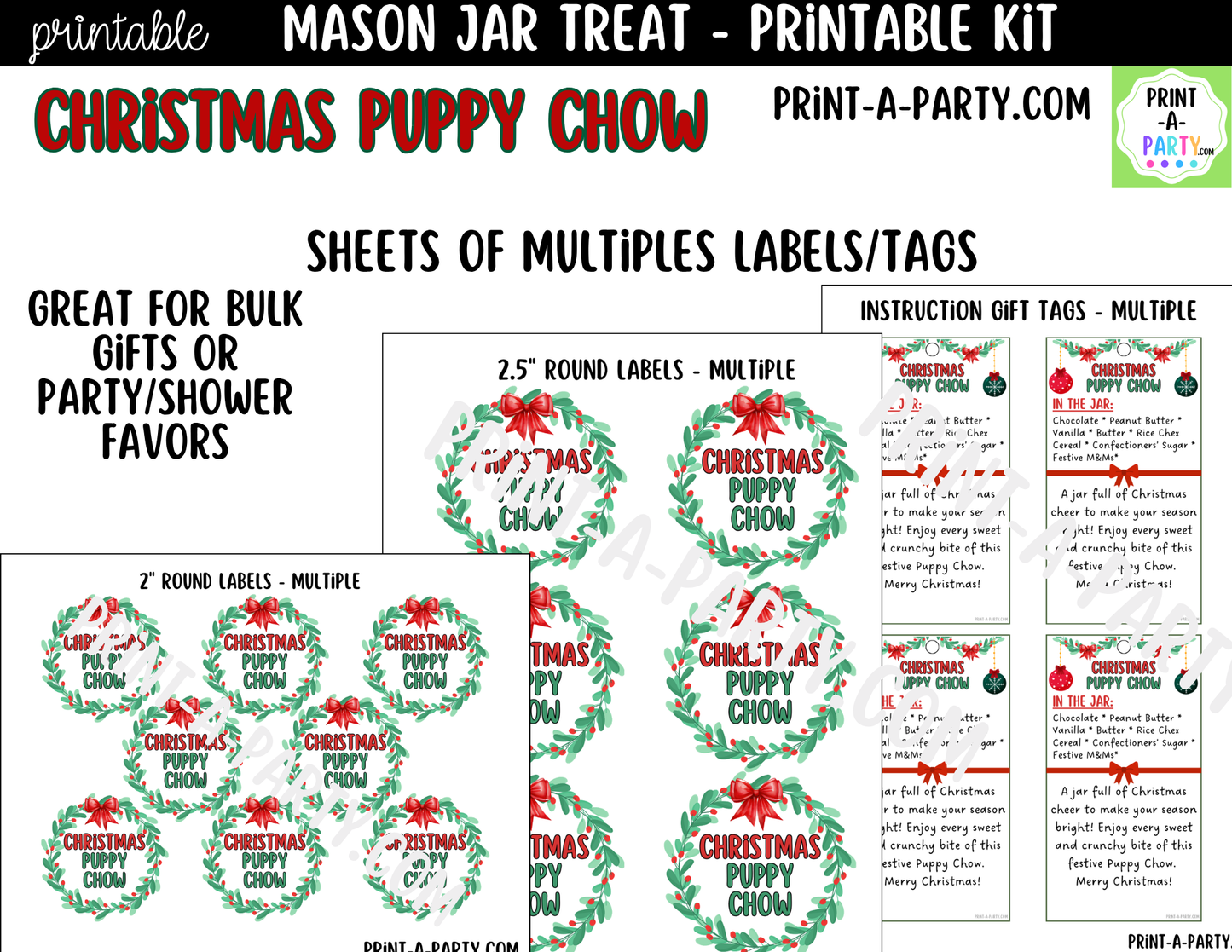Christmas Puppy Chow in a Mason Jar Gift Printable Kit - Labels, Tag, Recipe & Instructions