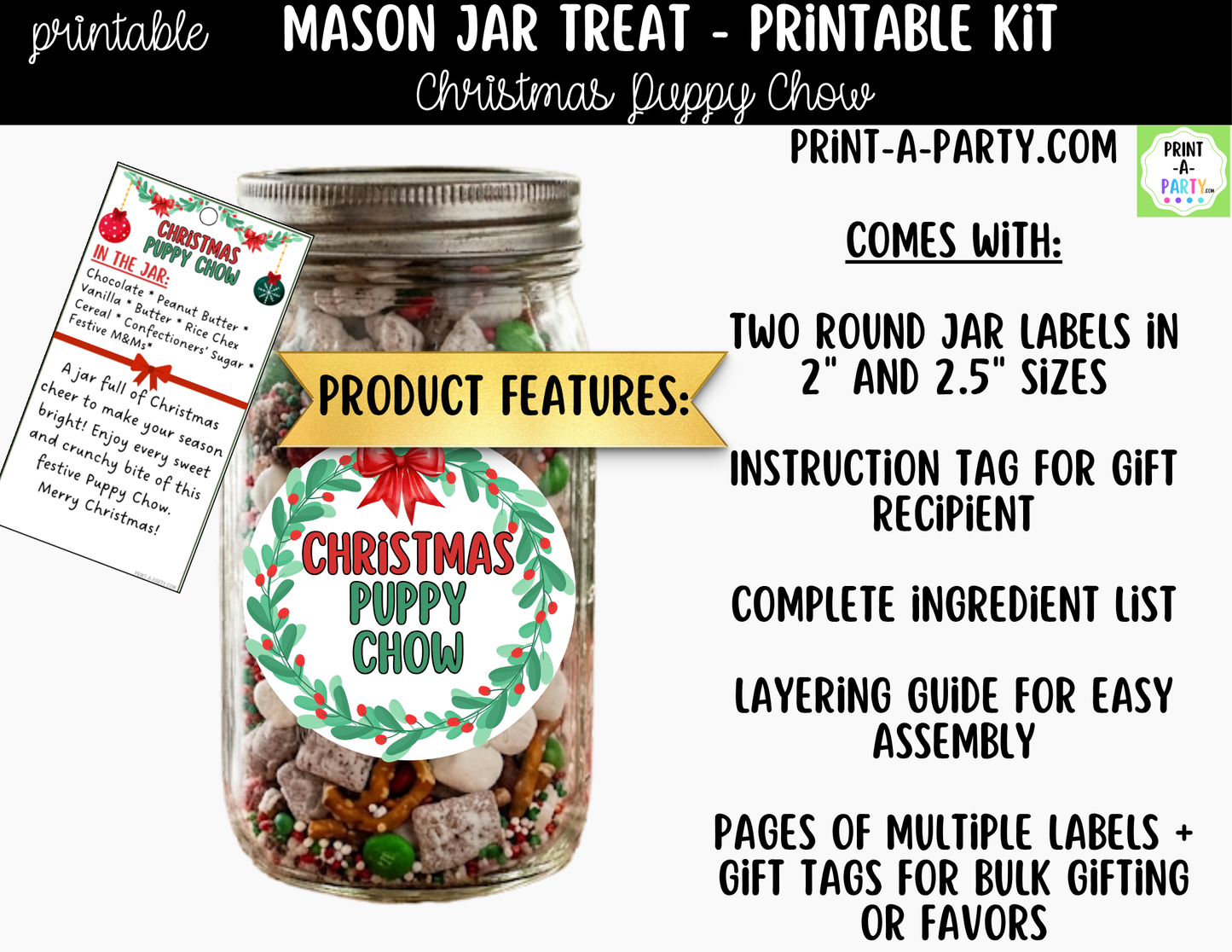 Christmas Puppy Chow in a Mason Jar Gift Printable Kit - Labels, Tag, Recipe & Instructions