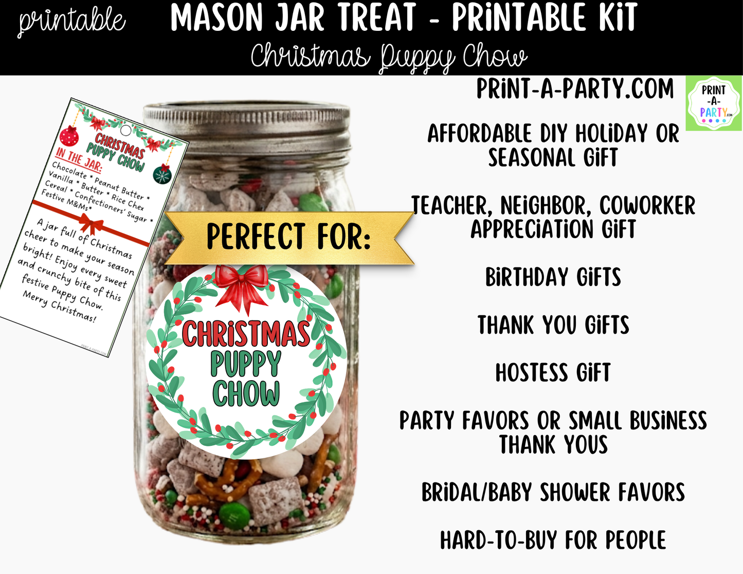 Christmas Puppy Chow in a Mason Jar Gift Printable Kit - Labels, Tag, Recipe & Instructions